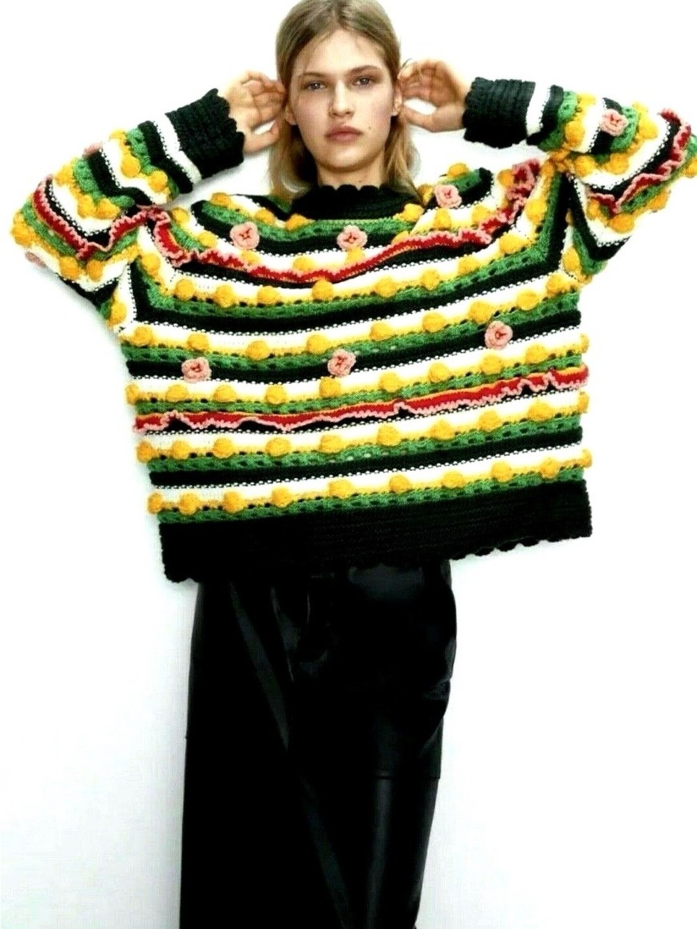 Zara limited edition size M Chunky Striped Pom-Pom Sweater - Yellow Green